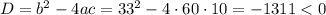 D=b^2-4ac=33^2-4\cdot60\cdot10=-1311<0