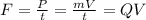 F=\frac{P}{t}=\frac{mV}{t}=QV