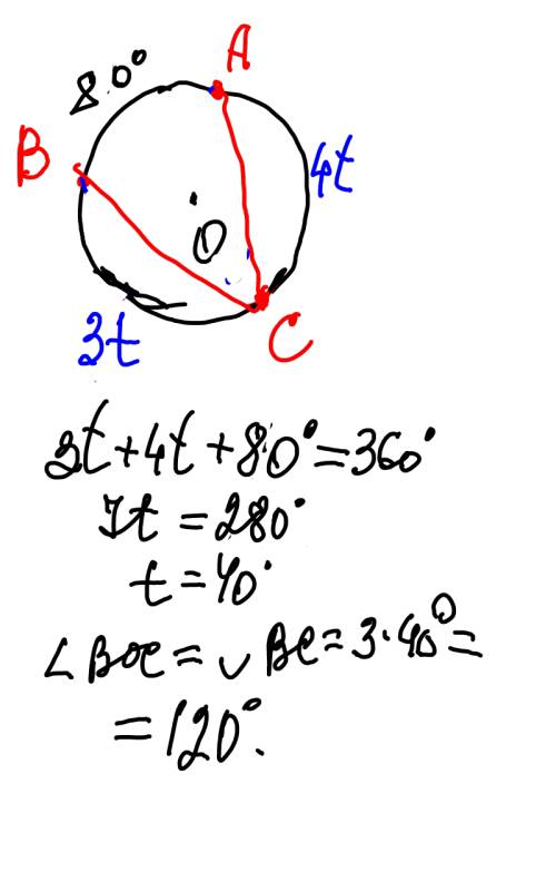 Точки а,в,с лежат на окр-сти с центром в точке о. дуга вс: к дуге ас=3: 4,угол вса=40.чему равен уго