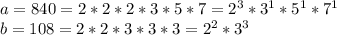 a=840=2*2*2*3*5*7=2^3*3^1*5^1*7^1\\ b=108=2*2*3*3*3=2^2*3^3\\