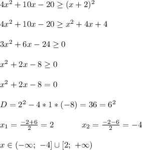 4x^2+10x-20\geq(x+2)^2 \\ \\ 4x^2+10x-20 \geq x^2+4x+4 \\ \\ 3x^2+6x-24\geq0 \\ \\ x^2+2x-8\geq0 \\ \\ x^2+2x-8=0 \\ \\ D=2^2-4*1*(-8)=36=6^2 \\ \\ x_1=\frac{-2+6}{2}=2\ \ \ \ \ \ \ \ \ \ x_2=\frac{-2-6}{2}=-4 \\ \\ x \in (-\infty;\ -4]\cup[2;\ +\infty)