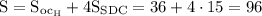 \mathrm{S=S_{oc_{H}}+4S_{SDC}}=36+4\cdot15=96}