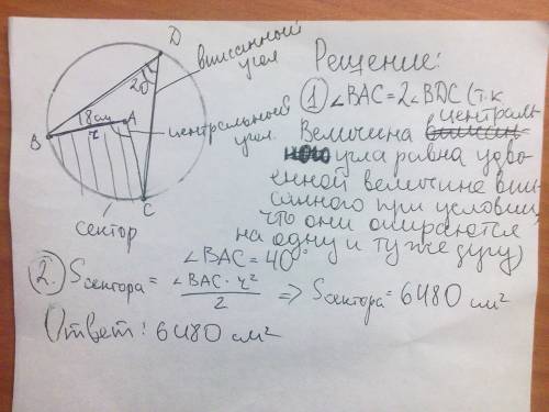 Найдите площадь сектора радиуса 18 см, если вписанный угол, опирающийся на дугу сектора ранен 20 гра