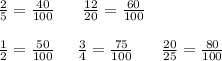 \frac{2}{5} = \frac{40}{100}\ \ \ \ \ \frac{12}{20} = \frac{60}{100}\\ \\ \frac{1}{2} = \frac{50}{100} \ \ \ \ \frac{3}{4} = \frac{75}{100} \ \ \ \ \ \frac{20}{25} = \frac {80}{100}