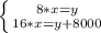 \left \{ {{8*x=y} \atop {16*x=y+8000}} \right.