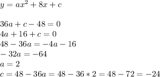 y=ax^2+8x+c \\ \\ 36a+c-48=0 \\ 4a+16+c=0 \\ 48-36a=-4a-16 \\ -32a=-64 \\ a=2 \\ c=48-36a= 48-36*2=48-72=-24