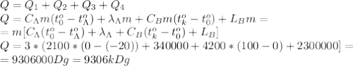 Q=Q_1+Q_2+Q_3+Q_4\\&#10;Q=C_\Lambda m(t_0^o-t_\Lambda^o)+\lambda_\Lambda m+C_Bm(t_k^o-t_0^o)+L_Bm=\\=m[C_\Lambda(t_0^o-t_\Lambda^o)+\lambda_\Lambda+C_B(t_k^o-t_0^o)+L_B]\\&#10;Q=3*(2100*(0-(-20))+340000+4200*(100-0)+2300000]=\\=9306000Dg=9306kDg