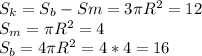 S_{k}=S_{b}-S{m}=3\pi R^2=12\\S_{m}=\pi R^2=4\\S_{b}=4\pi R^2=4*4=16