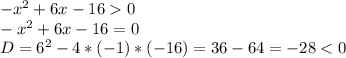 -x^2+6x-160 \\ -x^2+6x-16=0 \\ D=6^2-4*(-1)*(-16)=36-64=-28<0