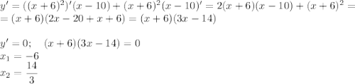 y'=((x+6)^2)'(x-10)+(x+6)^2(x-10)'=2(x+6)(x-10)+(x+6)^2=\\ =(x+6)(2x-20+x+6)=(x+6)(3x-14)\\\\ y'=0;~~~ (x+6)(3x-14)=0\\ x_1=-6\\ x_2=\dfrac{14}{3}