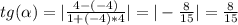 tg(\alpha)= |\frac{4-(-4)}{1+(-4)*4}}| = |-\frac{8}{15}| = \frac{8}{15}