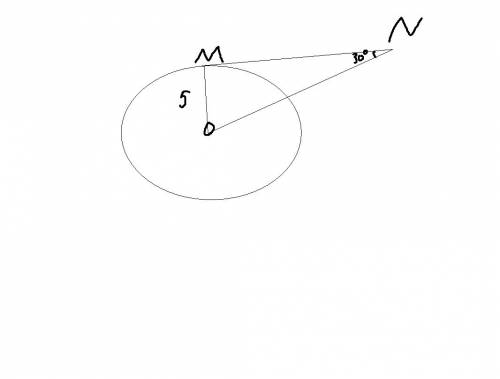 Прямая mn касается окружности с центром в точке о, м-точка касания, угол mno=30,а радиус окружности