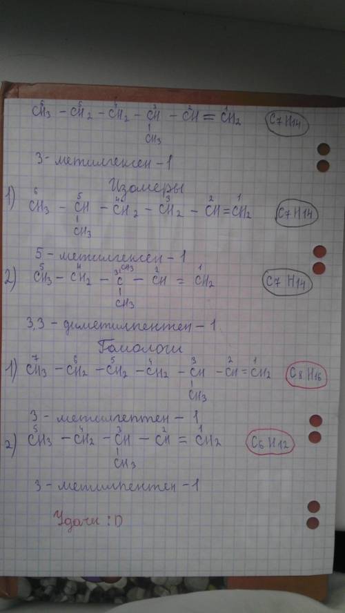 Для вещества 3 метил гексен - 1 вывести 2 любых изомера и 2 ближайших гомолога и дать им название