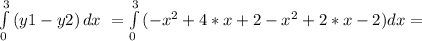 \int\limits^3_0 {(y1 - y2)} \, dx \ = \int\limits^3_0 {(-x^{2}+4*x+2-x^{2}+2*x-2)}dx =