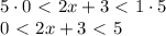 5\cdot 0\ \textless \ 2x+3\ \textless \ 1\cdot 5\\ 0\ \textless \ 2x+3\ \textless \ 5