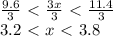 \frac{9.6}{3} \ \textless \ \frac{3x}{3} \ \textless \ \frac{11.4}{3} \\ 3.2\ \textless \ x\ \textless \ 3.8