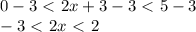 0-3\ \textless \ 2x+3-3\ \textless \ 5-3\\ -3\ \textless \ 2x\ \textless \ 2