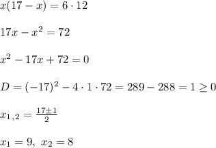 x(17-x)=6\cdot12\\\\17x-x^2=72\\\\x^2-17x+72=0\\\\D=(-17)^2-4\cdot1\cdot72=289-288=1\geq0\\\\x_1_,_2=\frac{17\±1}{2}\\\\x_1=9,\ x_2=8