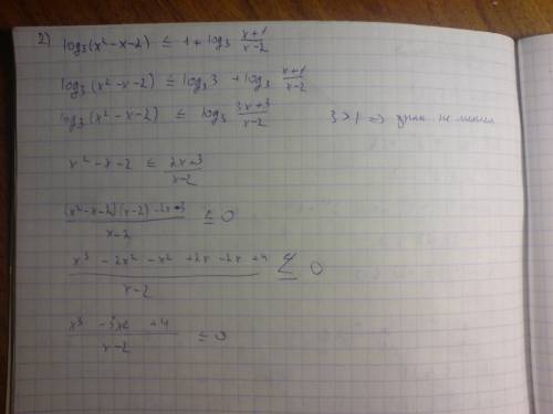 Решите систему неравенств: 1) 4^x ≤ 9 * 2^x +22 2) log3(x^2 - x - 2) ≤ 1 + log3 (x+1/x-2)