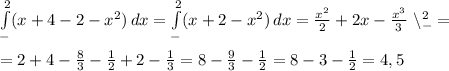 \int\limits^2_-({x+4-2-x^2}) \, dx=\int\limits^2_- ({x+2-x^2}) \, dx=\frac{x^2}{2}+2x-\frac{x^3}{3}\ \backslash^2_-=\\\\=2+4-\frac{8}{3}-\frac{1}{2}+2-\frac{1}{3}=8-\frac{9}{3}-\frac{1}{2}=8-3-\frac{1}{2}=4,5