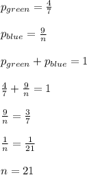 p_{green} = \frac{4}{7}\\\\ p_{blue} = \frac{9}{n}\\\\ p_{green} + p_{blue} = 1\\\\ \frac{4}{7} + \frac{9}{n} = 1\\\\ \frac{9}{n} = \frac{3}{7}\\\\ \frac{1}{n} = \frac{1}{21}\\\\ n = 21