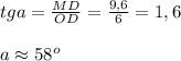 tga=\frac{MD}{OD}=\frac{9,6}{6}=1,6 \\ \\ a\approx58^o