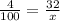 \frac{4}{100}=\frac{32}{x}