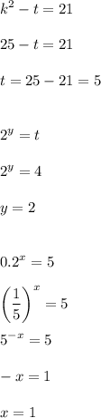 \displaystyle k^2-t=21\\\\25-t=21\\\\t=25-21=5\\\\\\2^y=t\\\\2^y=4\\\\y=2\\\\\\0.2^x=5\\\\\bigg(\frac{1}5\bigg)^x=5\\\\5^{-x}=5\\\\-x=1\\\\x=1