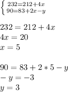 \left \{ {{232=212+4x} \atop {90=83+2x-y}} \right. \\ \\ 232=212+4x \\ 4x=20 \\ x=5 \\ \\ 90=83+2*5-y \\ -y=-3 \\ y=3