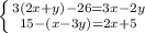 \left \{ {{3(2x+y)-26=3x-2y} \atop {15-(x-3y)=2x+5}} \right.