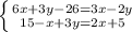 \left \{ {{6x+3y-26=3x-2y} \atop {15-x+3y=2x+5}} \right.