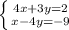 \left \{ {{4x+3y=2} \atop {x-4y=-9}} \right.