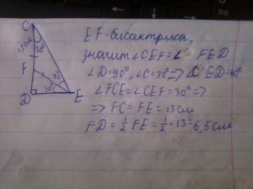 Впрямоугольном треугольнике dce угол c=30, проведена биссектриса ef, известно, что cf=13 см. найти р