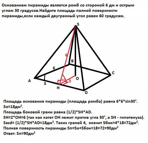 Основанием пирамиды является ромб со стороной 6 дм и острым углом 30 градусов.найдите площадь полной