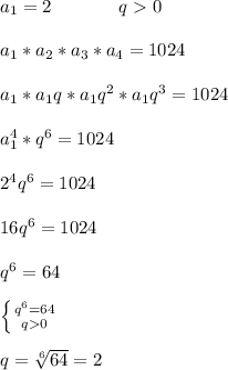 a_1=2\ \ \ \ \ \ \ \ \ \ \ q0 \\ \\ a_1*a_2*a_3*a_4=1024 \\ \\ a_1*a_1q*a_1q^2*a_1q^3=1024 \\ \\ a_1^4*q^6=1024 \\ \\ 2^4q^6=1024 \\ \\ 16q^6=1024 \\ \\ q^6=64 \\ \\ \left \{ {{q^6=64} \atop {q0}} \right \\ \\ q=\sqrt[6]{64}=2