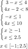 \displaystyle\left \{ {{3-x\leq4} \atop {4x-2