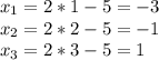 x_1=2*1-5=-3\\ x_2=2*2-5=-1\\ x_3=2*3-5=1