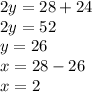 2y=28+24\\ 2y=52\\ y=26\\ x=28-26\\ x=2