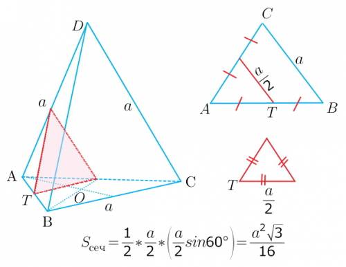 Ребро правильного тетраэдра dabc равно а. постройте сечение тетраэдра dabc, проходящее через середин