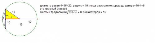 Хорда, перпендикулярная диаметру окружности делит диаметр на 2 отрезка 16 см и 4 см.найдите длину хо