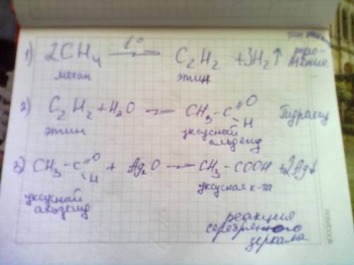 Осуществите превращение сн4 → с2н2 → сн3 – с = о → сн3 - соон → cl – ch2 – cooh → | h → nh2 – ch2 –