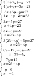 \left \{ {{3(x+2y)-y=27} \atop {4(x+y)-3x=23}} \right.\\\left \{ {{3x+6y-y=27} \atop {4x+4y-3x=23}} \right.\\\left \{ {{3x+5y=27} \atop {x+4y=23}} \right.\\\left \{ {{3x+5y=27} \atop {x=23-4y}} \right.\\\left \{ {{3(23-4y)+5y=27} \atop {x=23-4y}} \right.\\\left \{ {{69-12y+5y=27} \atop {x=23-4y}} \right.\\\left \{ {{7y=42} \atop {x=23-4y}} \right.\\\left \{ {{y=6} \atop {x=-1}} \right.