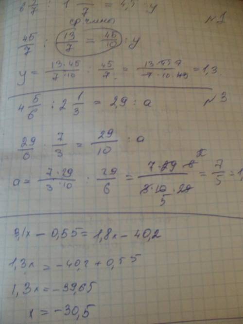 Решите уравнения: 1) 6 3/7 : 1 6/7 = 4,5 : у 2) 3,1х - 0,55 = 1,8х - 40,2 3) 4 5/6 : 2 1/3 = 2,9 : а