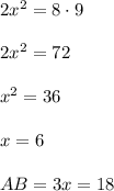 2x^2=8\cdot9\\\\2x^2=72\\\\x^2=36\\\\x=6\\\\AB=3x=18