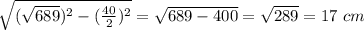 \sqrt{(\sqrt{689})^2-(\frac{40}{2})^2}=\sqrt{689-400}=\sqrt{289}=17\ cm