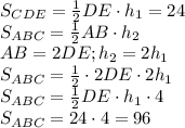 S_{CDE}=\frac{1}{2}DE\cdot{h_{1}}=24\\S_{ABC}=\frac{1}{2}AB\cdot{h_{2}}\\ AB=2DE;h_{2}=2h_{1}\\S_{ABC}=\frac{1}{2}\cdot2DE\cdot2{h_{1}}\\S_{ABC}=\frac{1}{2}DE\cdot{h_{1}}\cdot{4}\\S_{ABC}=24\cdot{4}=96