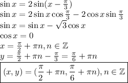 \sin x=2\sin(x-\frac\pi3)\\ \sin x=2\sin x\cos\frac\pi3-2\cos x\sin\frac\pi3\\ \sin x=\sin x-\sqrt3\cos x\\ \cos x=0\\ x=\frac\pi2+\pi n, n\in\mathbb Z\\ y=\frac\pi2+\pi n-\frac\pi3=\frac\pi6+\pi n\\ \boxed{(x,y)=(\frac\pi2+\pi n, \frac\pi6+\pi n ), n\in\mathbb Z}