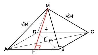 Боковое ребро и высота правильной четырехугольной пирамиды соответственно равны корень из 34 и 4 см.
