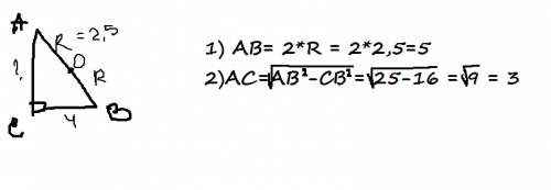 Втреугольнике abc bc=4,угол c равен 90.радиус описанной окружности этого треугольника равен 2,5.найд