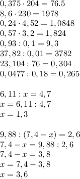 0,375\cdot204=76.5\\ 8,6\cdot230=1978\\ 0,24\cdot4,52=1,0848\\ 0,57\cdot3,2=1,824\\ 0,93:0,1=9,3\\ 37,82:0,01=3782\\ 23,104:76=0,304\\ 0,0477:0,18=0,265\\\\ 6,11:x=4,7\\ x=6,11:4,7\\ x=1,3\\\\ 9,88:(7,4-x)=2,6\\ 7,4-x=9,88:2,6\\ 7,4-x=3,8\\ x=7,4-3,8\\ x=3,6